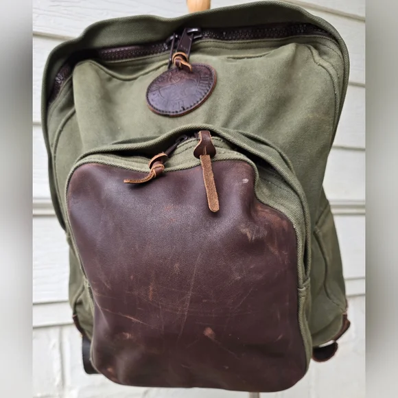 Original 2009 Duluth Trading Co Olive Green Canvas Backpack Leather & Brass EXC